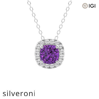 0.20 Carat Cushion Cut Amethyst and Round Lab Grown Diamond Halo Pendant in 14K White Gold - 1