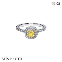 0.24 Carat Cushion-Cut Lab Grown Yellow Diamond Halo Engagement Ring in Platinum - Silveroni
