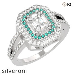 0.50 Carat Emerald Cut VVS Diamond Double Halo Ring in 18KT White Gold - Silveroni