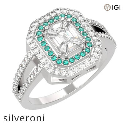 0.50 Carat Emerald Cut VVS Diamond Double Halo Ring in 18KT White Gold - 1