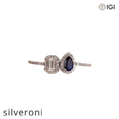 0.57 Carat Emerald-Cut Lab Grown Diamond & Blue Stone Bypass Ring in 14K White Gold - 1