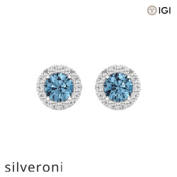 0.60 Carat Round SI1 Lab Grown Diamond Fancy Blue Halo Stud Earrings in 14K White Gold - Silveroni