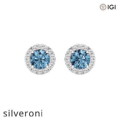 0.60 Carat Round SI1 Lab Grown Diamond Fancy Blue Halo Stud Earrings in 14K White Gold - 1
