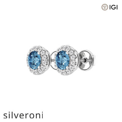 0.60 Carat Round SI1 Lab Grown Diamond Fancy Blue Halo Stud Earrings in 14K White Gold - 2