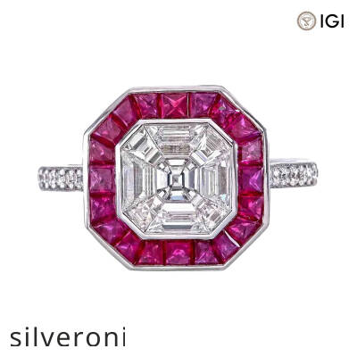 0.70 Carat Asscher Cut Natural Diamond and Ruby Halo Ring in 18KT White Gold - 1
