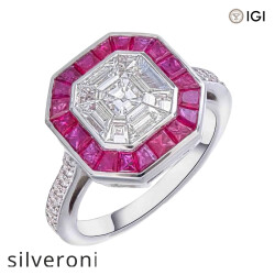 0.70 Carat Asscher Cut Natural Diamond and Ruby Halo Ring in 18KT White Gold - 2