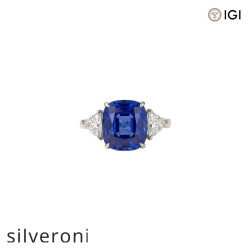 10 Carat Cushion Cut Lab Grown Royal Blue Sapphire Three-Stone Platinum Ring - Silveroni