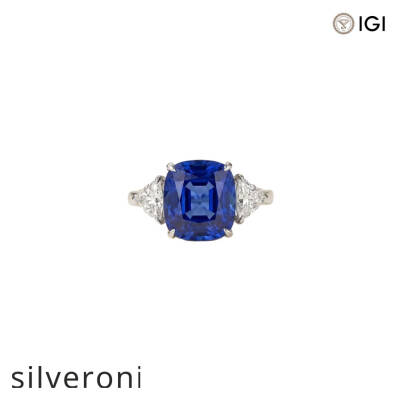10 Carat Cushion Cut Lab Grown Royal Blue Sapphire Three-Stone Platinum Ring - 1