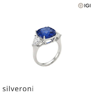 10 Carat Cushion Cut Lab Grown Royal Blue Sapphire Three-Stone Platinum Ring - 2