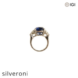 10 Carat Cushion Cut Lab Grown Royal Blue Sapphire Three-Stone Platinum Ring - 3