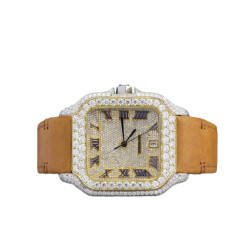 14.0 Carat Round Excellent Cut D/E VVS Lab Grown Diamond Watch with Brown Leather Strap - Silveroni