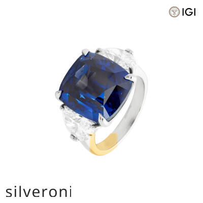 14.33 Carat Cushion Lab Grown Sapphire and Diamond Platinum Ring - 2
