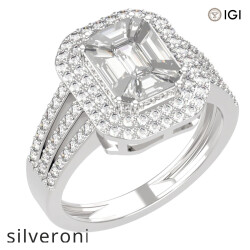 1.50 Carat Emerald Cut Lab Grown Diamond Double Halo Ring in 18K White Gold - Silveroni
