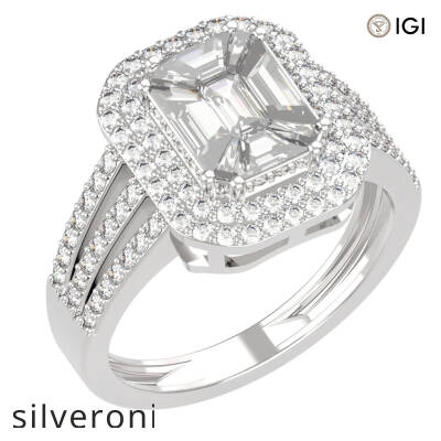 1.50 Carat Emerald Cut Lab Grown Diamond Double Halo Ring in 18K White Gold - 1