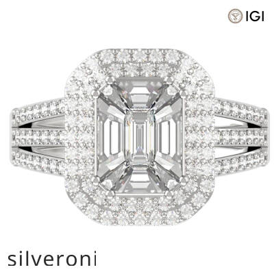 1.50 Carat Emerald Cut Lab Grown Diamond Double Halo Ring in 18K White Gold - 2