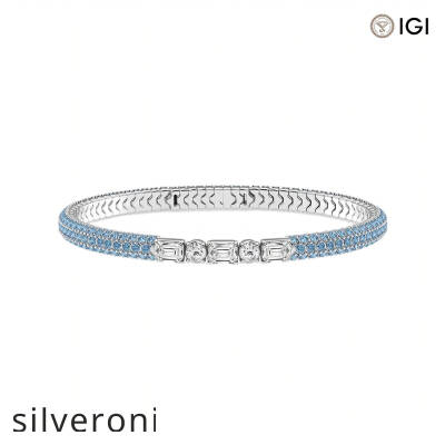 1.89 Carat Round Lab Grown Diamond and Blue Sapphire Bangle Bracelet 14K White Gold - 1
