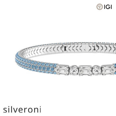1.89 Carat Round Lab Grown Diamond and Blue Sapphire Bangle Bracelet 14K White Gold - 2