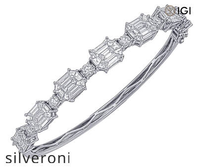 18k White Gold Emerald-Cut Diamond Illusion Bangle Bracelet - 1