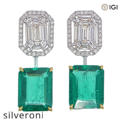 18k White Gold Emerald-Cut Emerald & Diamond Drop Earrings - 1