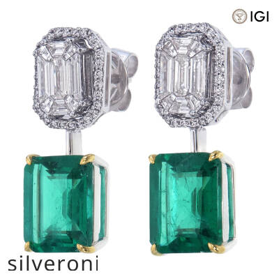 18k White Gold Emerald-Cut Emerald & Diamond Drop Earrings - 2