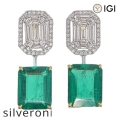 18k White Gold Emerald-Cut Emerald & Diamond Drop Earrings - 3