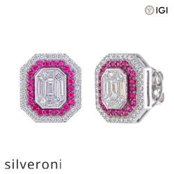 18kt Gold 0.90ct Pie-Cut Emerald Mosaic Double Halo Stud Earrings - Silveroni
