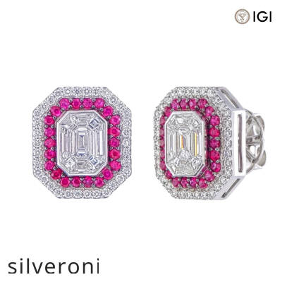 18kt Gold 0.90ct Pie-Cut Emerald Mosaic Double Halo Stud Earrings - 1