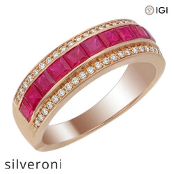 18kt Gold Channel Set Ruby & Diamond Pavé Band Ring - Silveroni