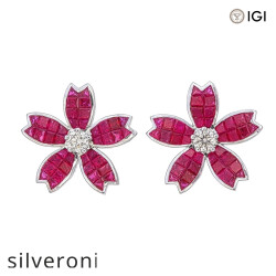 18kt Gold Invisible Set Ruby Five-Petal Flower Earrings with 5.00ct Diamond Centres - Silveroni