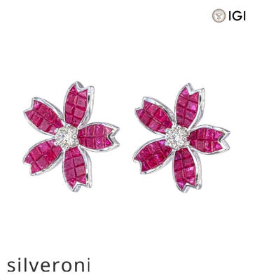 18kt Gold Invisible Set Ruby Five-Petal Flower Earrings with 5.00ct Diamond Centres - 2