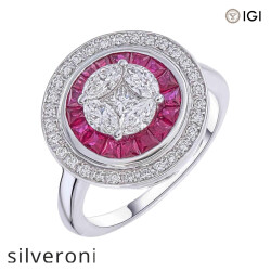 18KT Gold Marquise Lab Grown Diamond Illusion Ring with Ruby Double Halo - Silveroni
