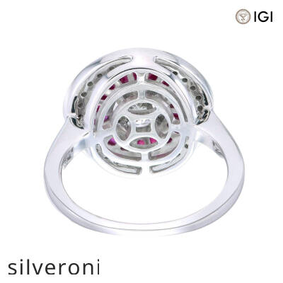 18KT Gold Marquise Lab Grown Diamond Illusion Ring with Ruby Double Halo - 2