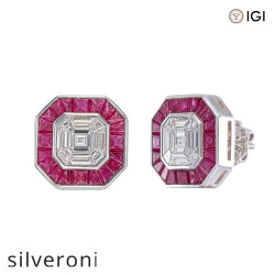 18kt Gold Pie-Cut Diamond and Ruby Halo Stud Earrings - Silveroni