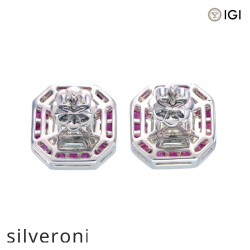 18kt Gold Pie-Cut Diamond and Ruby Halo Stud Earrings - 2