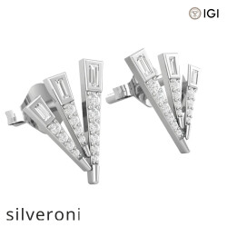 18KT White Gold Baguette and Round Diamond Geometric Fan Stud Earrings - Silveroni