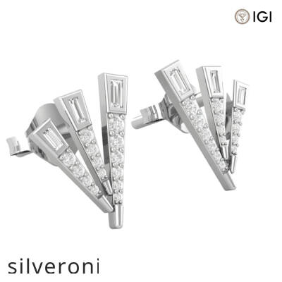 18KT White Gold Baguette and Round Diamond Geometric Fan Stud Earrings - 1