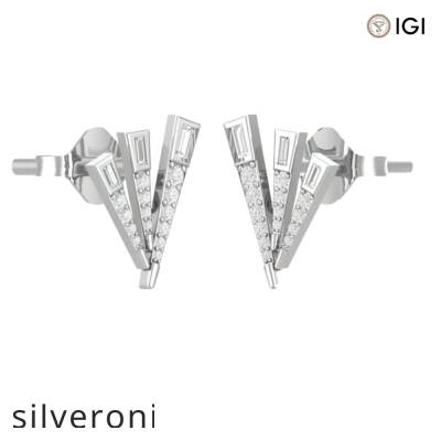 18KT White Gold Baguette and Round Diamond Geometric Fan Stud Earrings - 2