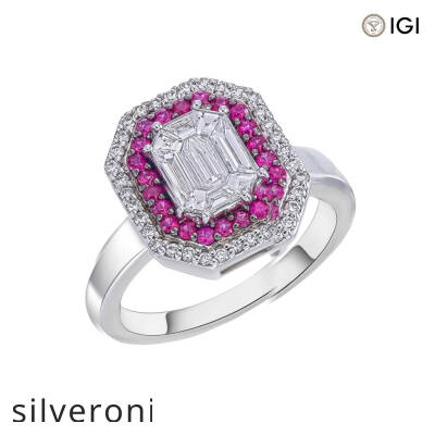 18kt White Gold Double Halo Diamond and Emerald Ring - 1