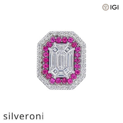 18kt White Gold Double Halo Diamond and Emerald Ring - 2