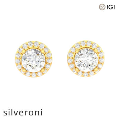 18KT Yellow Gold Round Diamond Halo Stud Earrings - 2