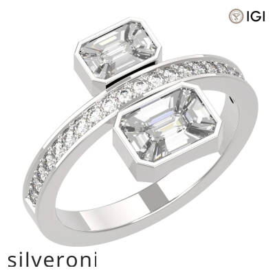18KT Yellow Gold Two-Stone Emerald Cut Diamond Toi et Moi Bezel Bypass Ring - 2