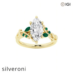 2.00 Carat Marquise Lab Grown Diamond Engagement Ring with Marquise and Round Emerald Side Stones - Silveroni