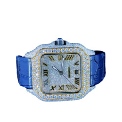24.0 Carat Round Lab Grown Diamond Watch with Blue Leather Strap - Silveroni