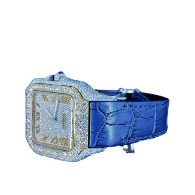 24.0 Carat Round Lab Grown Diamond Watch with Blue Leather Strap - 2