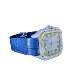 24.0 Carat Round Lab Grown Diamond Watch with Blue Leather Strap - 3