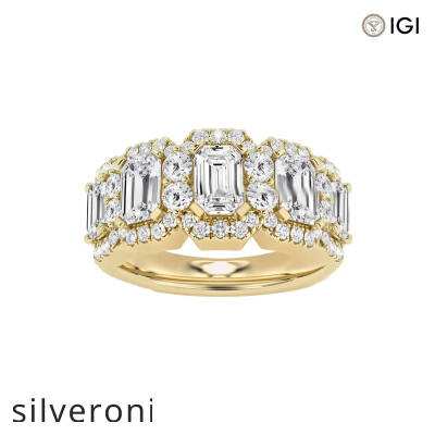 2.98 Carat Emerald and Round Lab Grown Diamond Band 14K Yellow Gold VS1 - 1
