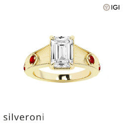 3.00 Carat Emerald Cut Lab Grown Diamond Engagement Ring with Ruby Side Stones - Silveroni