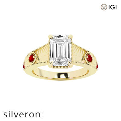 3.00 Carat Emerald Cut Lab Grown Diamond Engagement Ring with Ruby Side Stones - 1