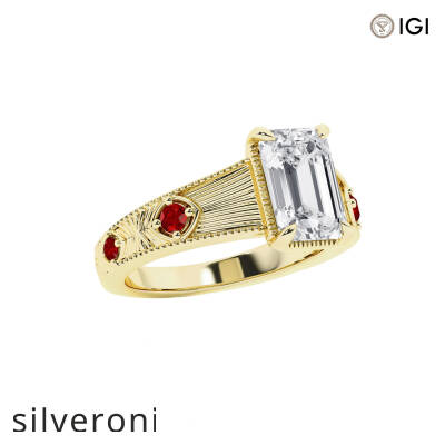 3.00 Carat Emerald Cut Lab Grown Diamond Engagement Ring with Ruby Side Stones - 2