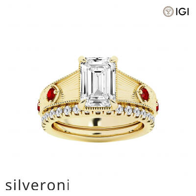 3.00 Carat Emerald Cut Lab Grown Diamond Engagement Ring with Ruby Side Stones - 3